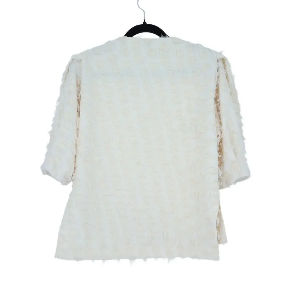ZARA Fringe Jacquard Top Ivory Puff Sleeve Relaxed Fit Women's XS